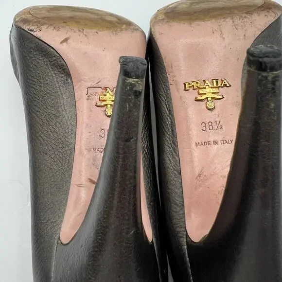 Prada Womens Size 38.5 US 7.5 Leather Heels Gunmetal Peep Hole Toe Made in Italy - Picture 10 of 16
